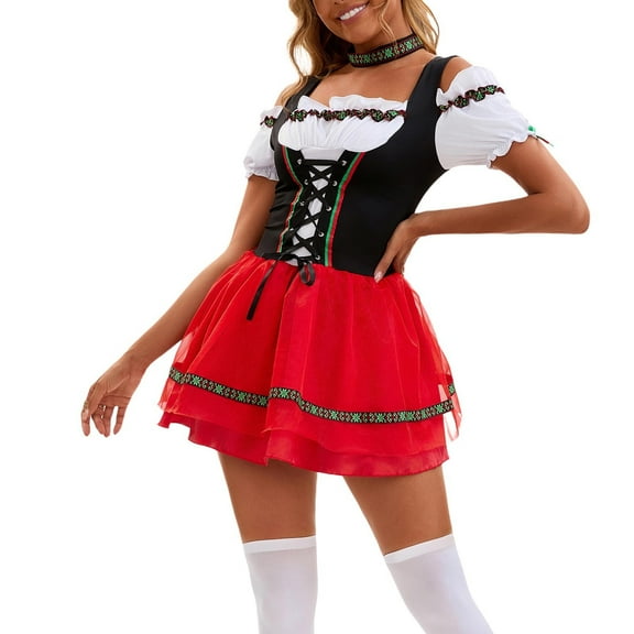 BRGZLK Women's Carnival Beer Festival Performance Dress loose Short Sleeve Square Collar Party Dresses Red S