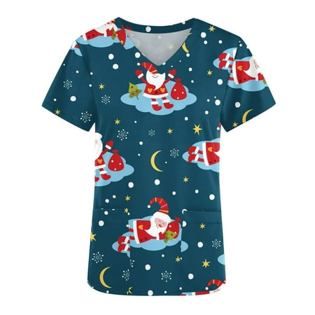 

qolati Christmas Scrub Tops for Women Cute Santa Claus Printed Short Sleeve Working Tee Shirts Xmas Loose V Neck Holiday Tunic Blouse with Pockets