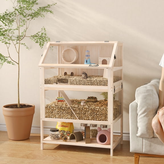 PawHut Wooden Hamster Cage, 3 Tier Small Animal Cage with Detachable Lower Floor, Storage Shelf, Hut, Seesaw, Exercise Wheel, Ramps for Dwarf, Gerbil