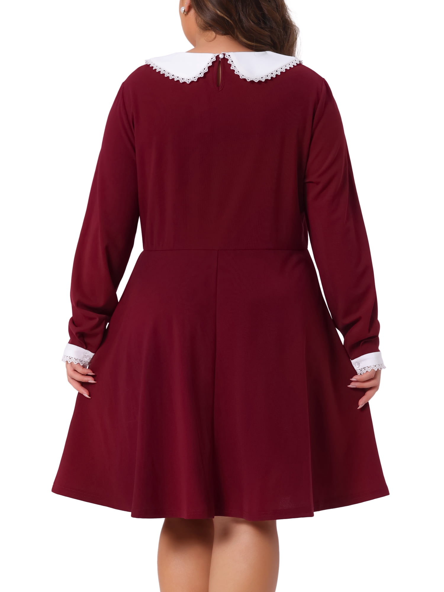 DARING DIVA Women's Plus Size Long Sleeves Collar A-line Midi Dress 1X Burgundy