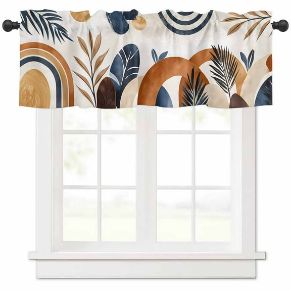 Bohemian Curtain Valance for Windows/Kitchen/Living Room/Bedroom, Boho Botanical Palm Leaf Abstract Geometric Rod Pocket Window Treatment Short Drape Topper Small Tier Cafe Curtains Panel 54X18