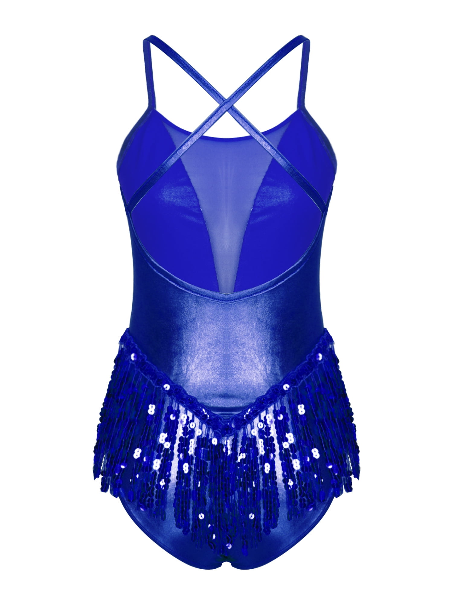 DPOIS Women's Sequin Fringe Tassel Skirted Leotards Jazz Dance Bodysuit  Costume Royal_Blue M 