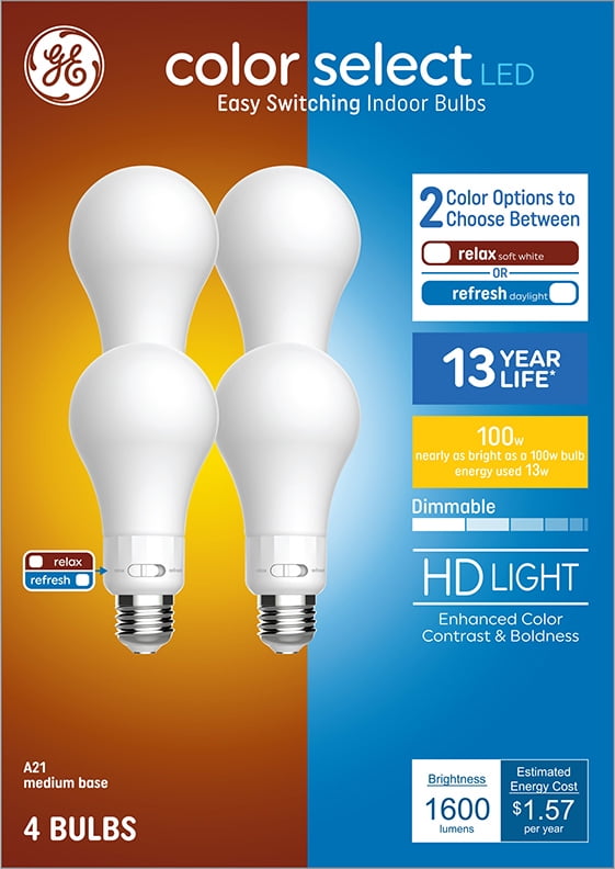 GE Household Lighting GE Color Select LED Light Bulbs, 100 Watt Eqv, Soft White or Daylight, A21 General Purpose, 13 year, 4pk