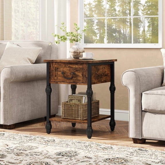 TROPOW Small Vintage End Table with Drawer & Shelf, Retro Industrial Nightstand with Gourd Joint Details, 16×23" Side Table for Living Room, Bedroom & Apartment in Rustic Brown