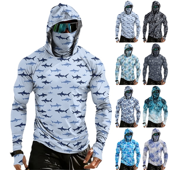 Men's Shark Print Fishing Hoodie, Long Sleeve UPF 50  Sun Protection Shirt with Built-in Face Mask and Thumbholes Black L