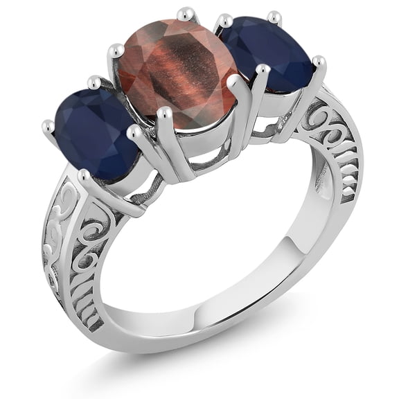 Gem Stone King 3.50 Ct Oval Red Tiger Eye Blue Sapphire 925 Sterling Silver Ring (Size 5)