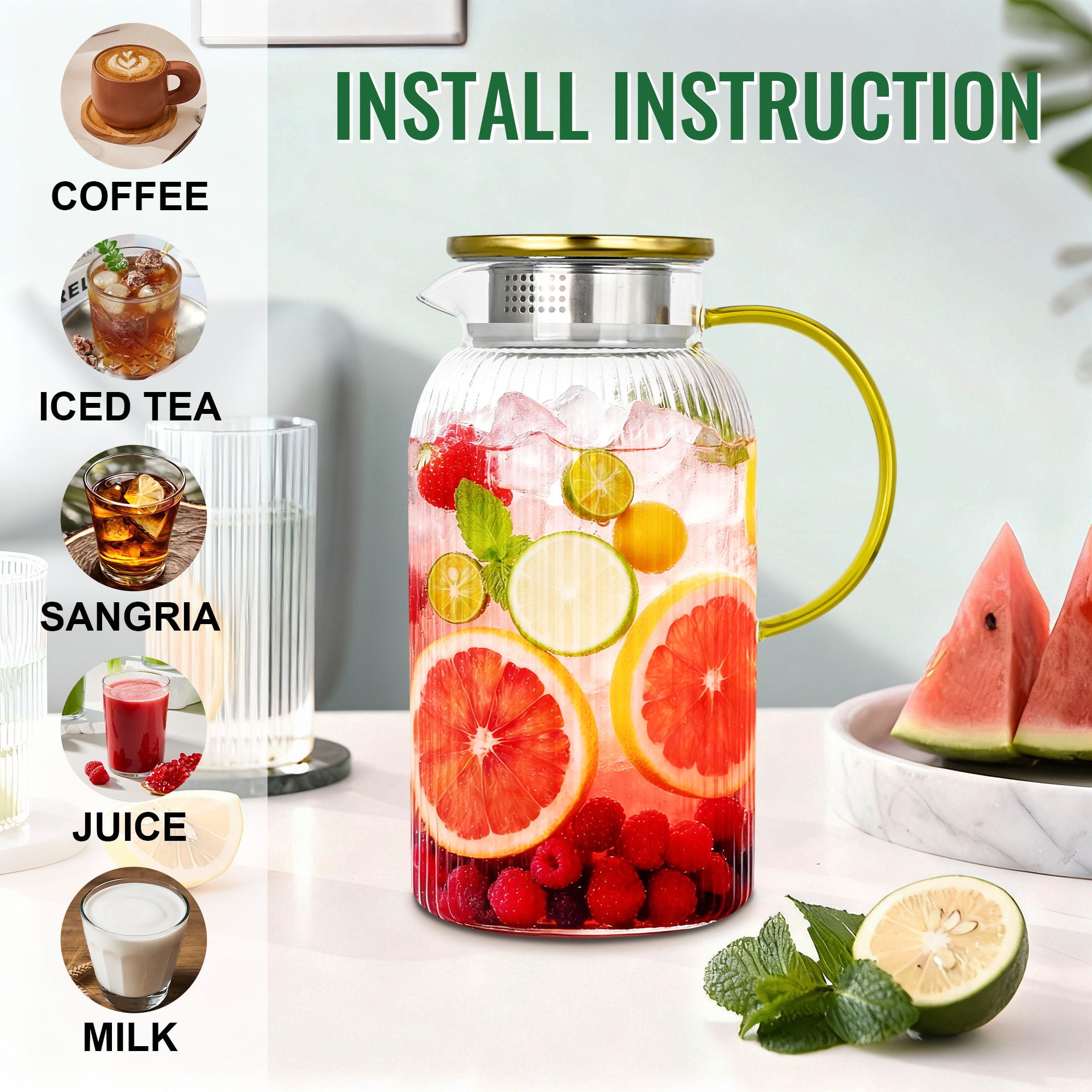 Soulgenix Glass Pitcher, 68oz Pitchers with Lid and Handle-2Pack, Glass Carafe for Hot/Cold Water, Large Iced Tea Pitcher for Coffee, Juice and Homemade Beverage