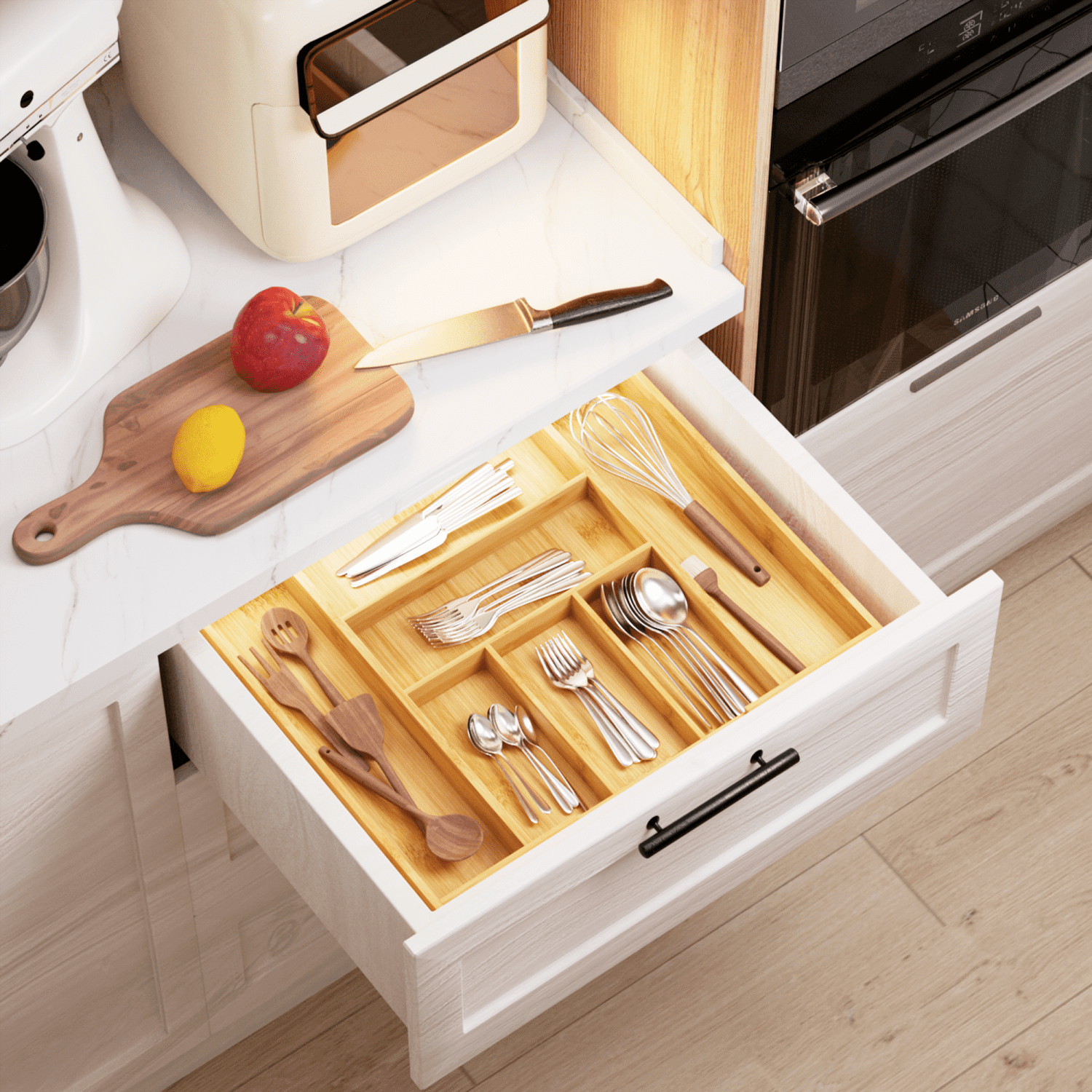 Bambloom Bamboo Expandable Cutlery Drawer，Utensil Silverware Drawer Organizer for Kitchen，with 5 Compartment