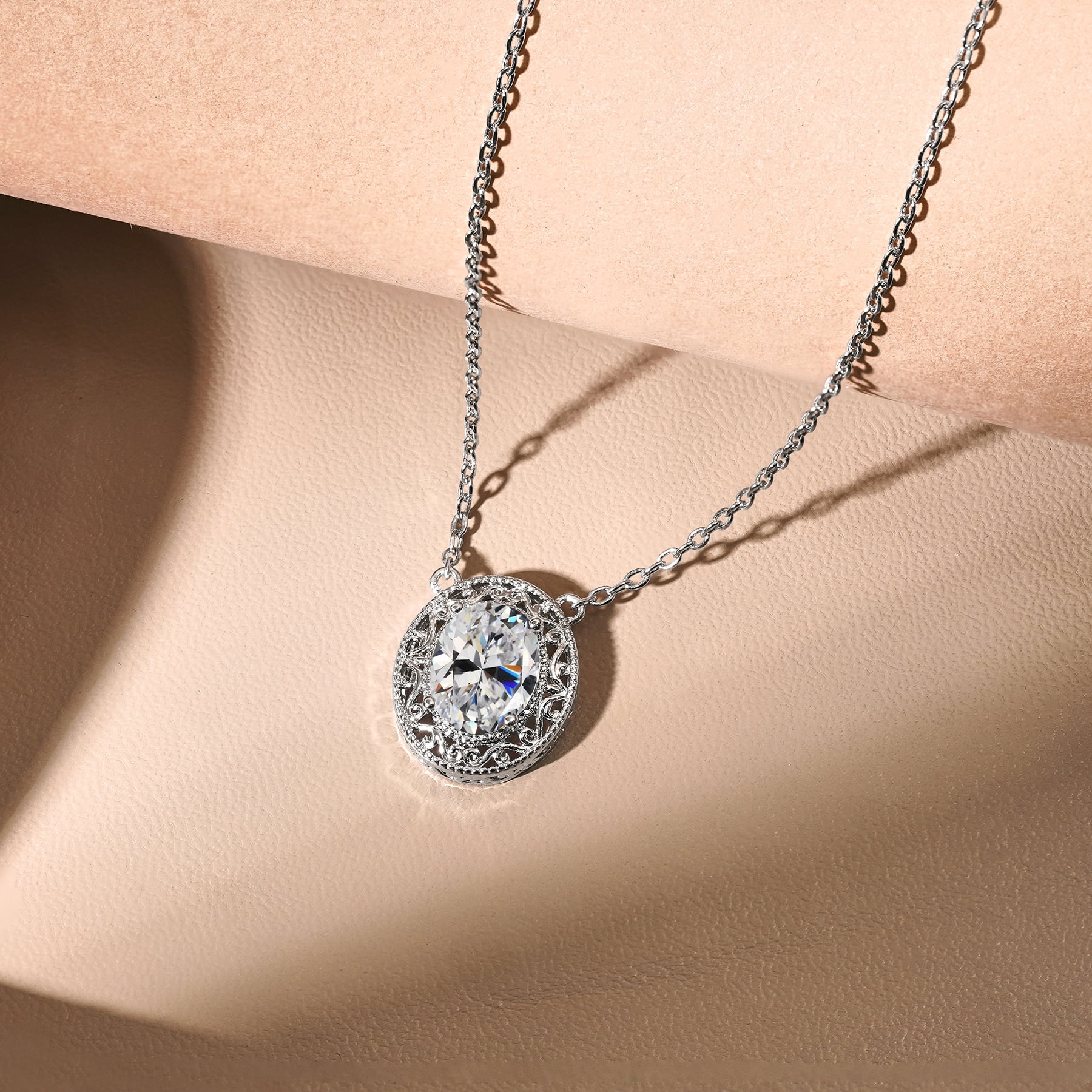 JeenMata 2 Carat Classic Oval Filigree Moissanite Pendant Necklaces - in 18K White Gold Plating Jewelry Necklace for Women