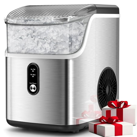 Auseo Nugget Ice Maker Countertop, Portable Ice Maker Machine with Self-Cleaning Function, 35lbs/24H, Home/Kitchen/Office, Stainless Steel Silver