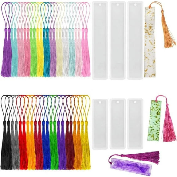 56 PCS Bookmark Mold Kit, lyfLux 50PCS Bookmark Tassels Bulk and 6pcs Rectangle Silicone Bookmark Mold for Jewelry DIY Craft