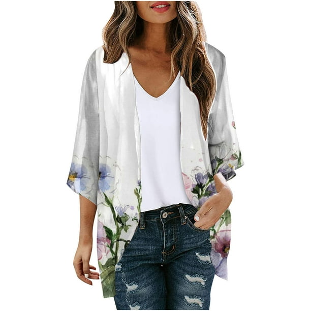 Cárdigan de mujer con estampado floral y mangas abullonadas, tipo kimono, holgado, de gasa, informal, sin límites