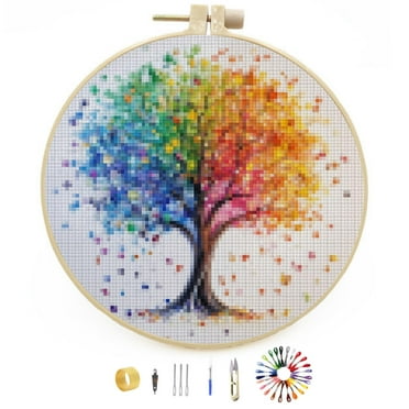 DIY Stamped Cross Stitch Kits Shining Colorful Life Colored Tree Easy for Beginners with Hoop 11CT Counted Embroidery Needlepoint Crafts Arts for Handmade Enthusiasts and Home Decor 30x30cm(2)