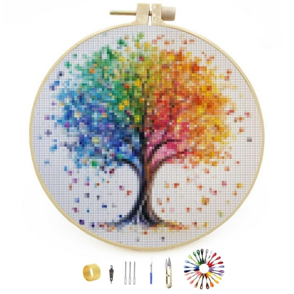 DIY Stamped Cross Stitch Kits Shining Colorful Life Colored Tree Easy for Beginners with Hoop 11CT Counted Embroidery Needlepoint Crafts Arts for Handmade Enthusiasts and Home Decor 30x30cm(2)