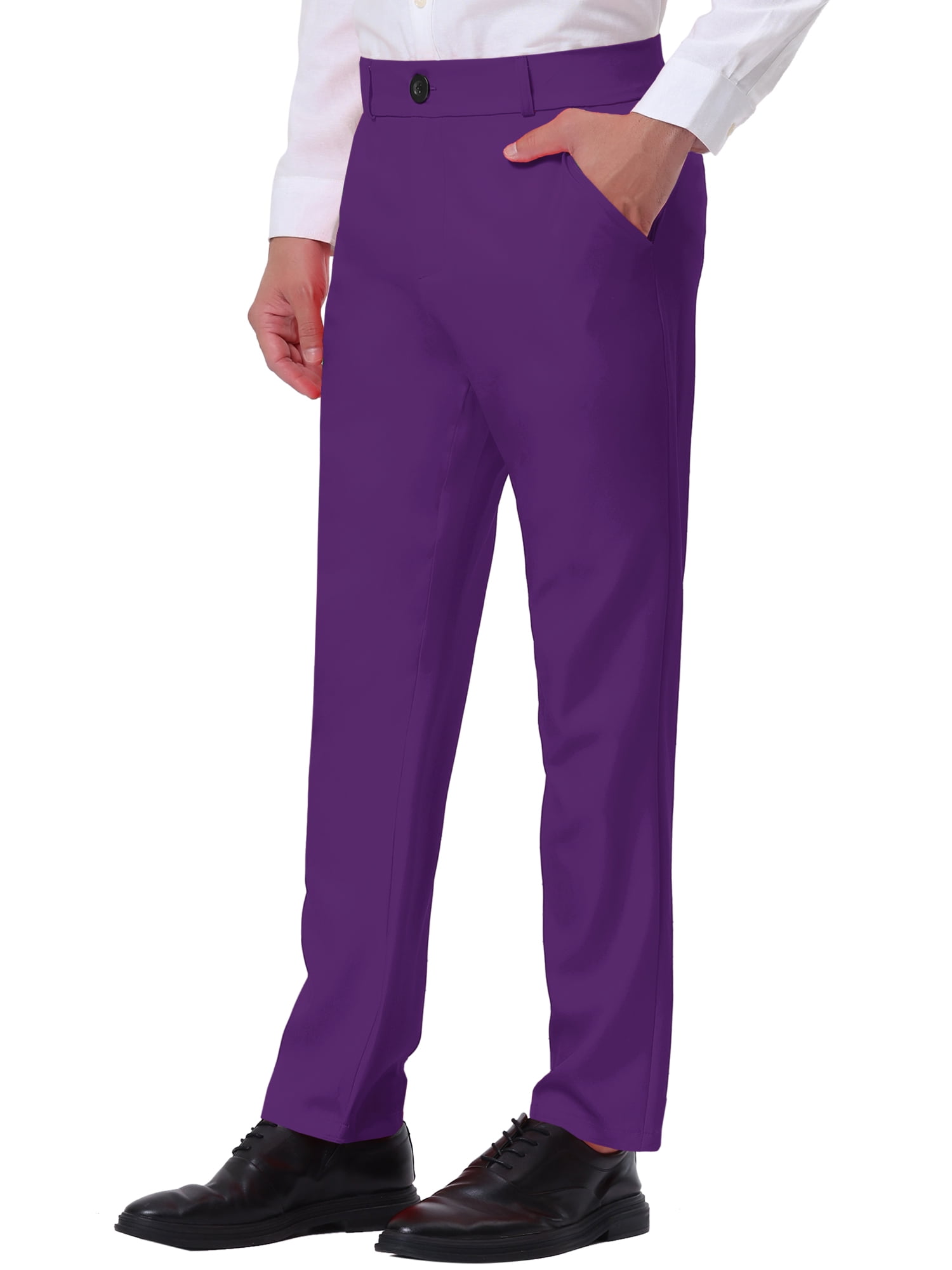 Unique Bargains Men's Business Pants Classic Fit Solid Color Suit Trousers with Pockets 38 Purple