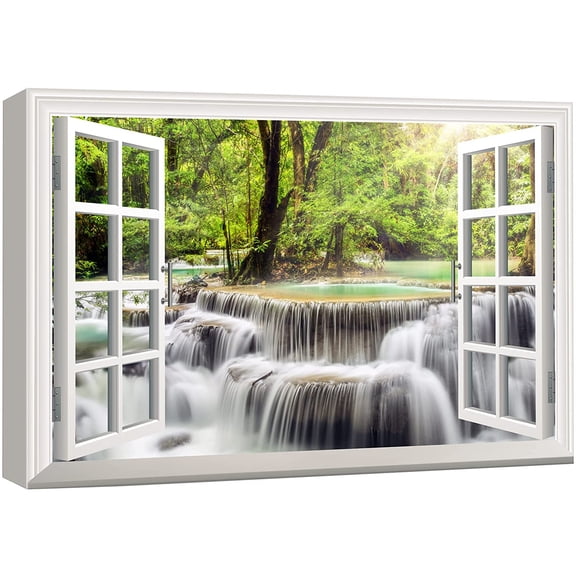 wall26 Canvas Print Wall Art Window View to Flowing Forest Waterfall Nature Wilderness Photography Realism Rustic Landscape Colorful Multicolor Ultra for Living Room, Bedroom, Office - 12"x18&qu