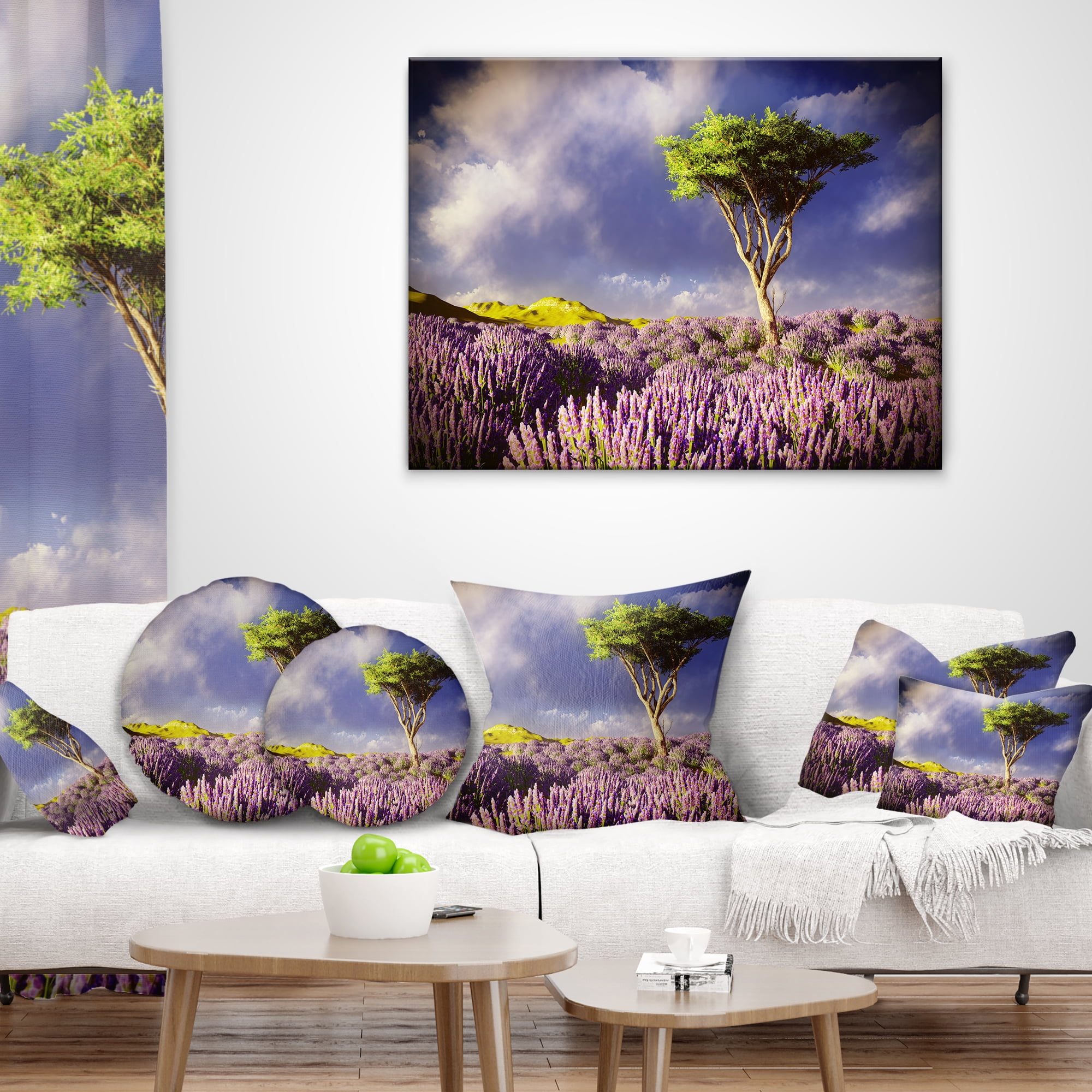 Designart Green Tree in Lavender Field - Modern Landscape Printed Throw Pillow - 16x16