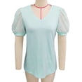 thumbnail image 1 of Camiseta de verano verde menta con escote en V, mangas cortas abullonadas y detalle de encaje, corte holgado, 1 of 3