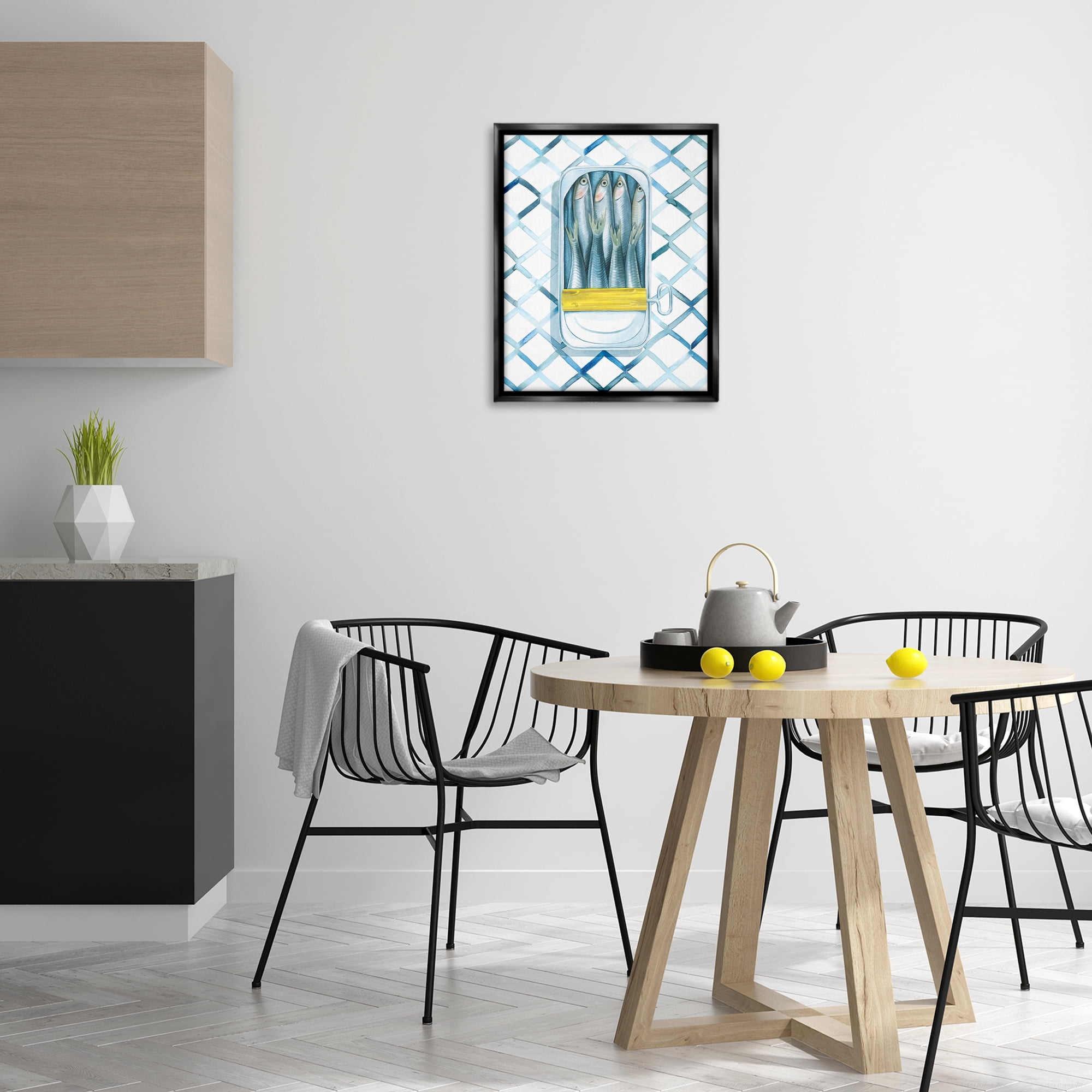 Stupell Industries Sardine Can on Pattern Food & Beverage Painting Black Floater Framed Art Print Wall Art, 17 x 21
