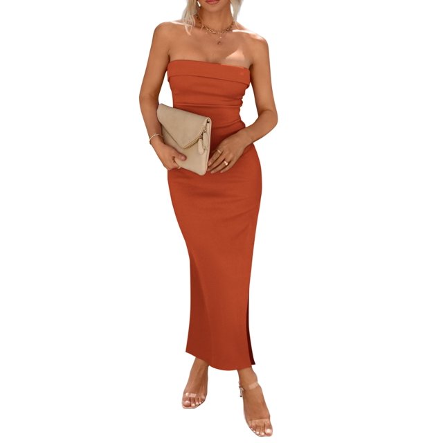 Vestido PRETTYGARDEN Rojo Óxido Strapless Ajustado Maxi XL