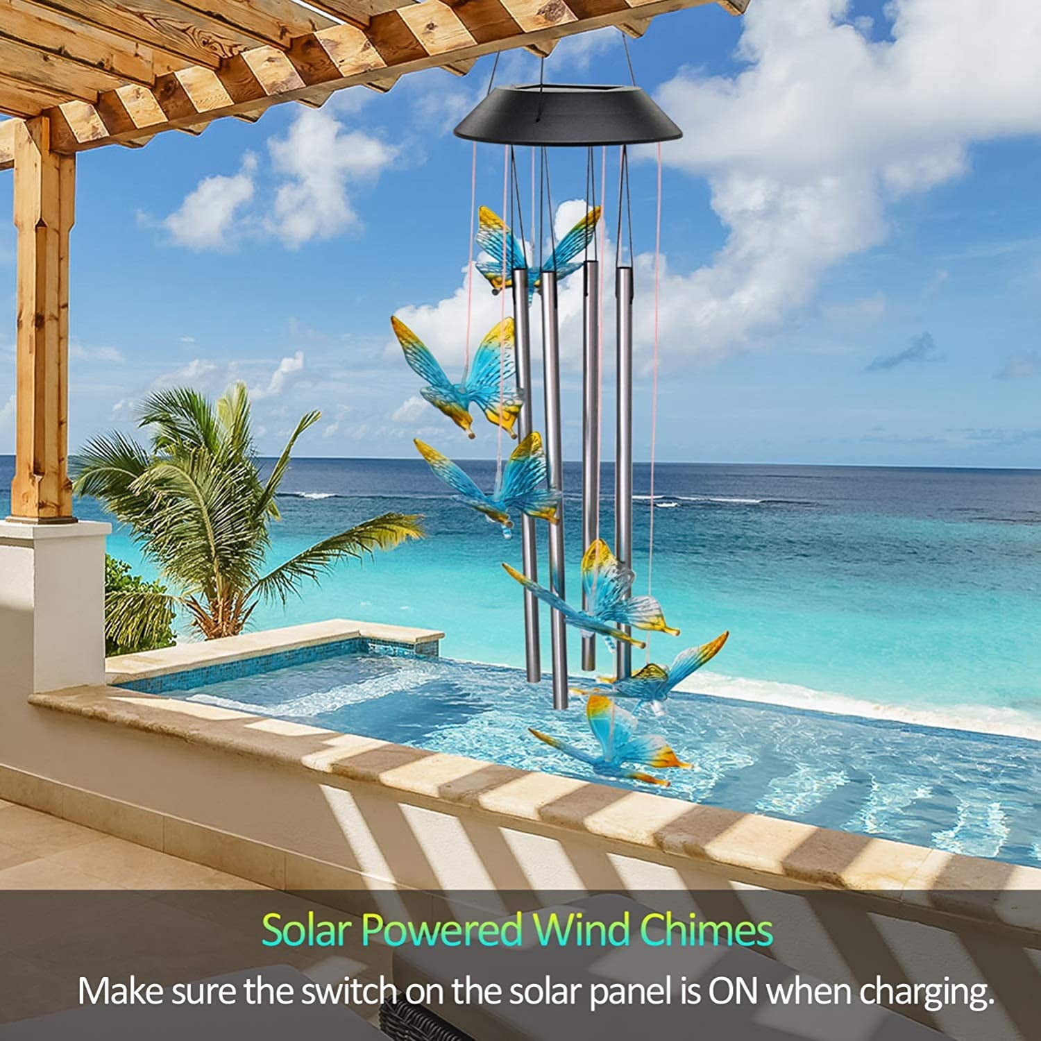 Solar Wind Chimes for Outside, Butterfly Windchimes with Music Metal Tubes, 7 Colors Changing LED Lights, Waterproof Wind Bells for Indoor Outdoor, Garden, Patio Decor, Love Memorial, Mom Gift