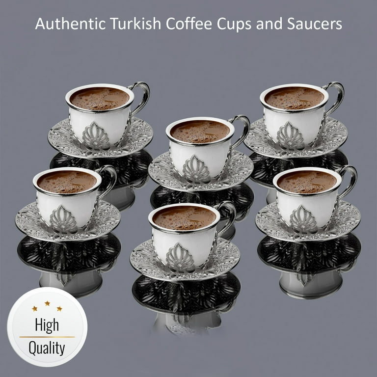 Elegant Turkish Coffee Cup Set with Metal Stand | 19 Pcs Colorful Coffee Cups with Leaf Design Handles and Saucers | 6Arabic, Greek Coffee Cups | Set