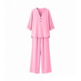thumbnail image 6 of Cagogo Women Plus Size 3/4 Sleeve V Neck Two Piece Set Casual Wide Leg Pants Outfits Solid Basic Loungewear Travel Airport Clothes Matching Lounge Tracksuits, Pink S, 6 of 7