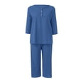 thumbnail image 2 of Gibobby Conjunto de sudadera informal para mujer Mujer Casual Color sólido Algodón Lino Cuello redondo Manga larga Botón Top Pantalones Conjunto(Azul,XL), 2 of 4