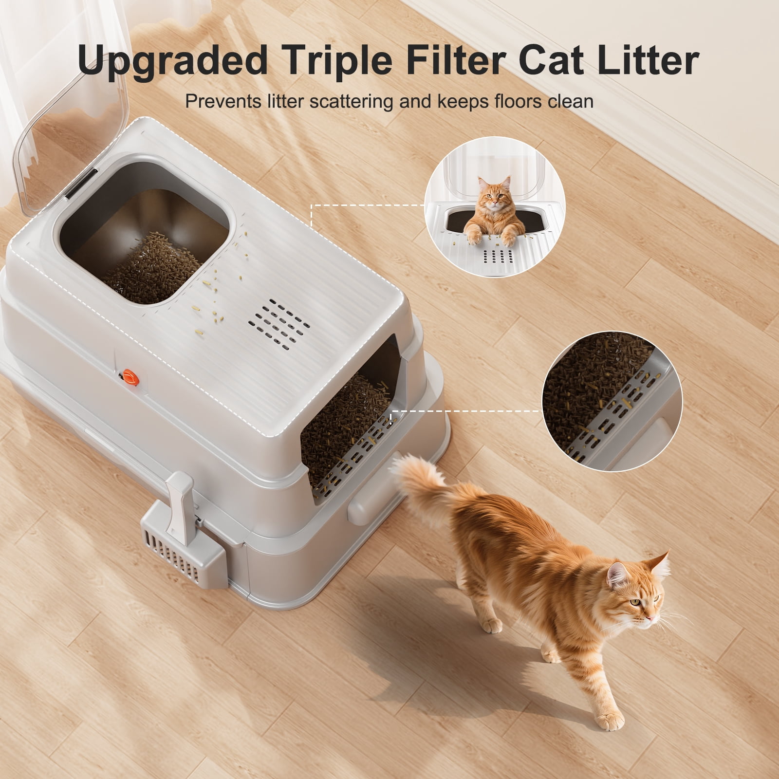 Stainless Steel Cat Litter Box with Lid, Foldable Enclosed Litter Box, Extra Large Metal Litter Box with Scoop and Mat, 24"*16.1"*16.1", Silver Gray