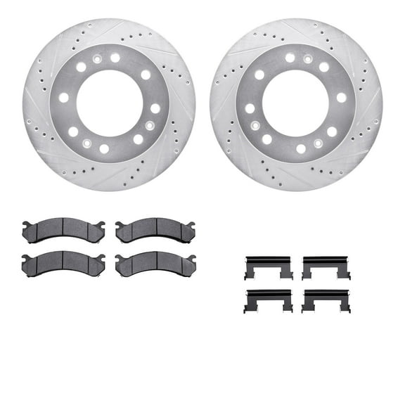 Dynamic Friction Company Front Brake Rotors-Drilled and Slotted-Silver with Ultimate Duty Performance Brake Pads includes Hardware 7412-46008