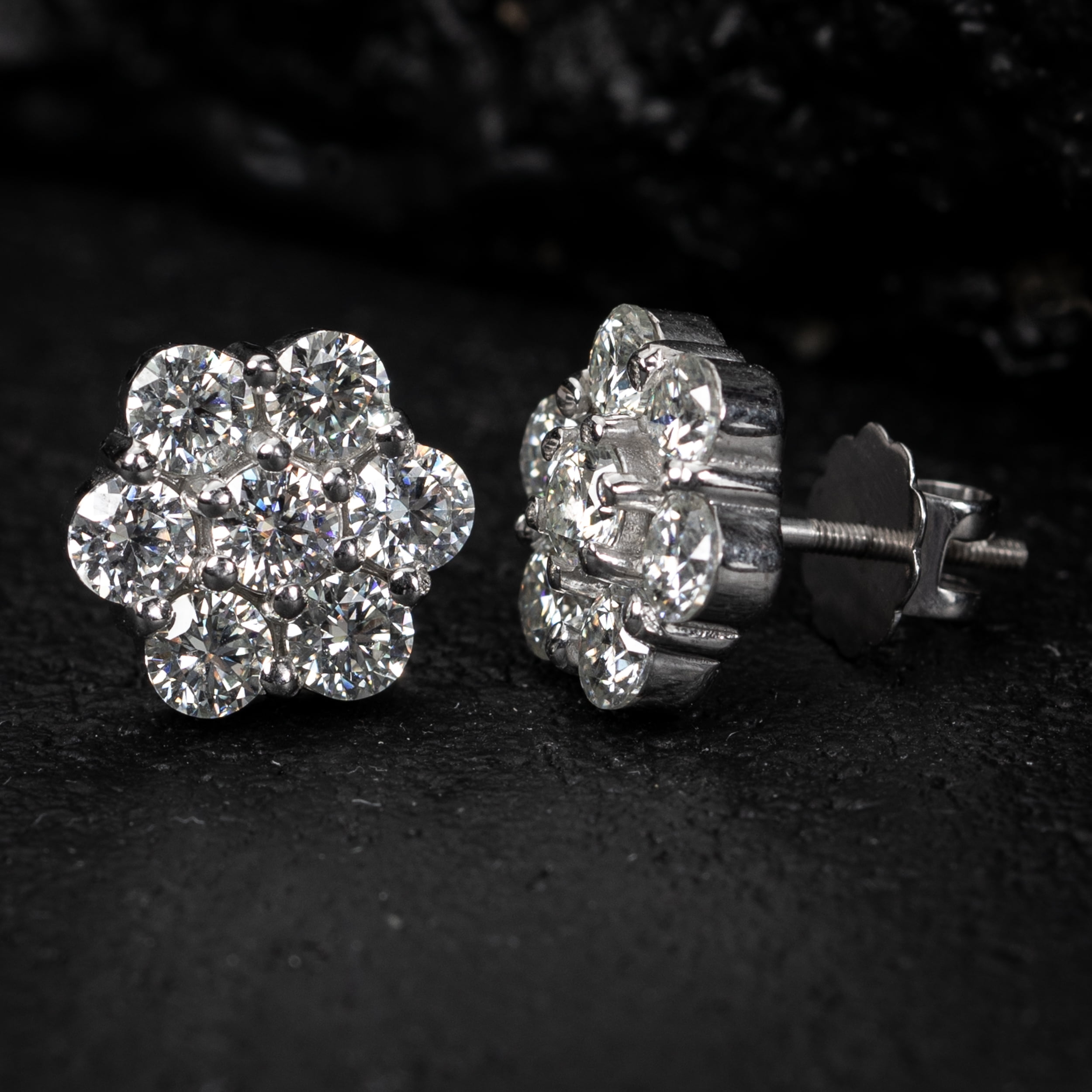 Large Real Genuine 2.8Ct  VVS D Color Round Cut Moissanite Earring 925 Sterling Silver Flower Set Cluster Hip Hop Screw Back Stud Earrings Jewelry Gifts For Men And Women