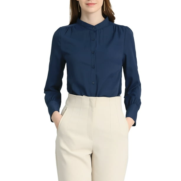 Camisas de manga larga con cuello de pie y botones para mujer INSPIRE CHIC XL azul oscuro