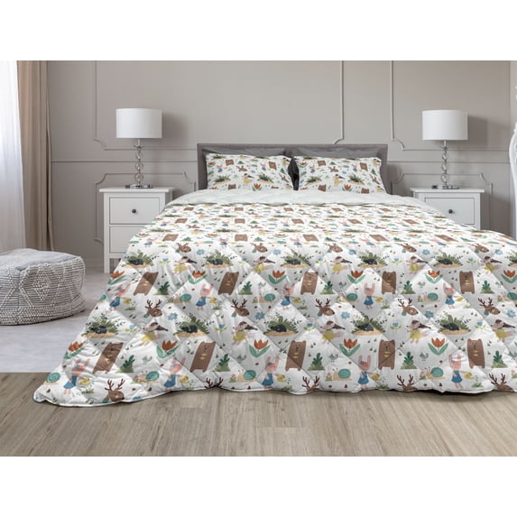 Animal Comforter & Sham Bedding Set, Cartoon Style Cheerful Woodland Animals as Bear Mole Deer Rabbit and Snail, 3 pcs Duvet Set Microfiber Filling Quilt, 5 Sizes, Multicolor, by Ambesonne