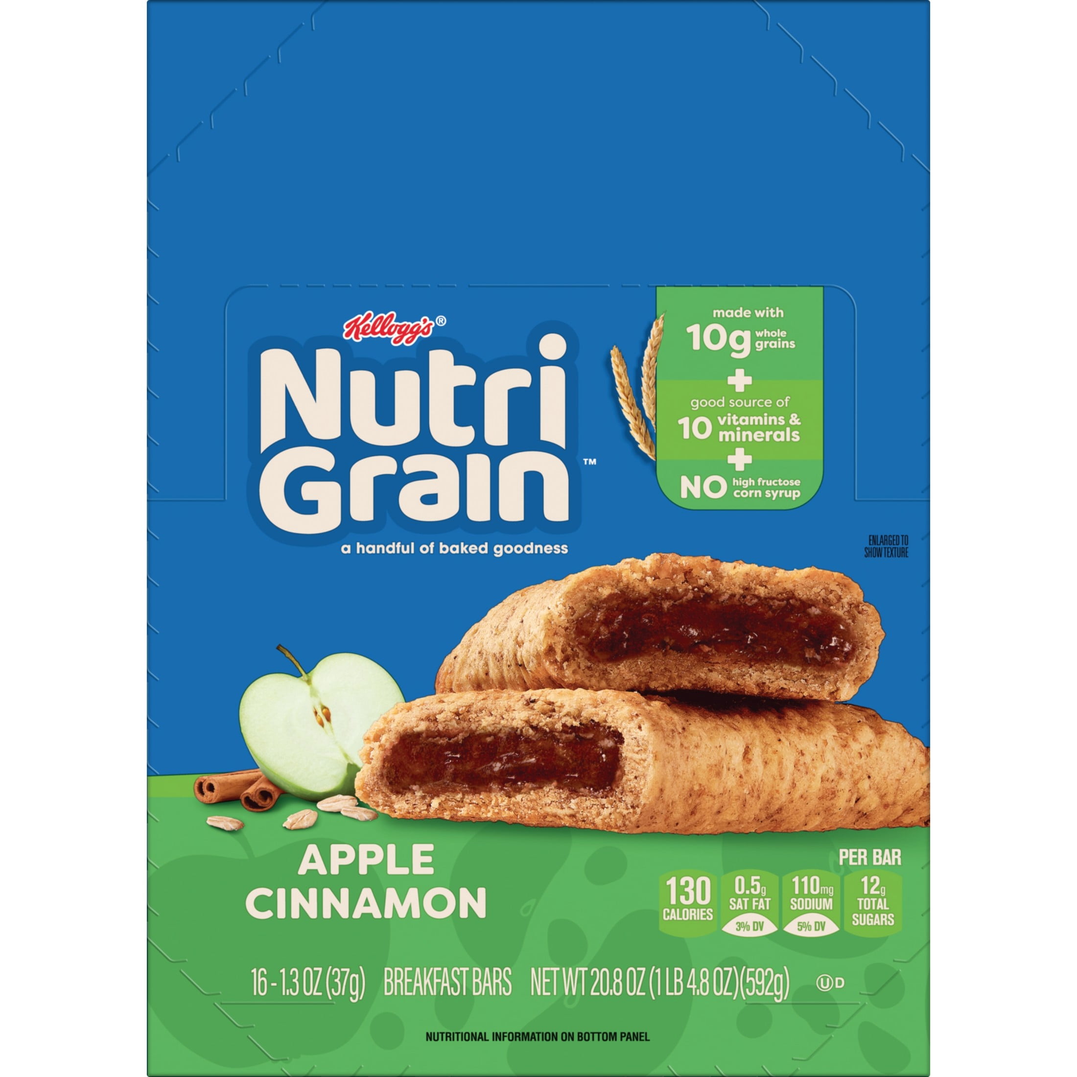 Kellogg's Nutri-Grain Apple Cinnamon Chewy Soft Baked Breakfast Bars, Made with Whole Grains, 20.8 oz, 16 Count