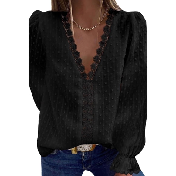 Faithtur Women Solid Color T-shirt, Adults Casual Long Sleeve V-neck Pom Pom Lace Pullover