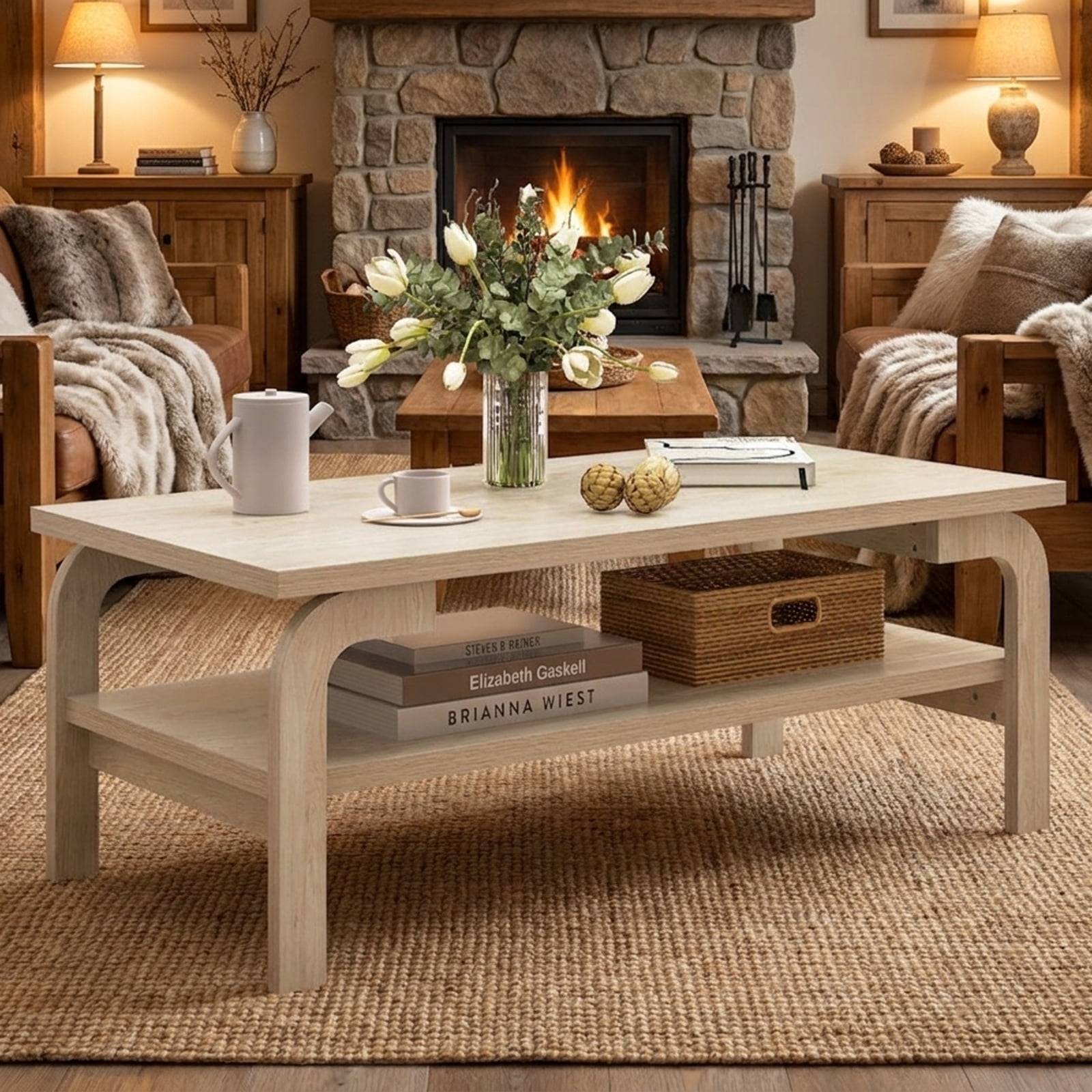 Furnibear 47 Inches Accent Rectangular Coffee Table for Living Room - Oak - Living Room Cocktail Center Table