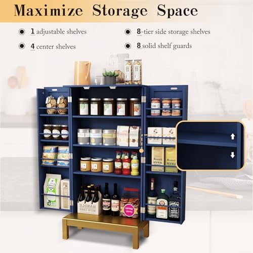 ARTPOWER 45'' Kitchen Pantry Cabinet, 4 - Layer Storage Cupboard With Adjustable Shelves For Storage Cabinet Pantry, Food Pantry Cabinet For Kitchen, Dining Room And Living Room,Gold Legs, Black
