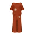 thumbnail image 4 of 2024 Clearance! JINMGG Two Piece Outfits Women, 2024 Fashion Fall Clearance Ladies Summer Fashion Casual Loose Round Neck Short Sleeve Printing Wide Leg Linen Suit Orange XXXXXL, 4 of 5
