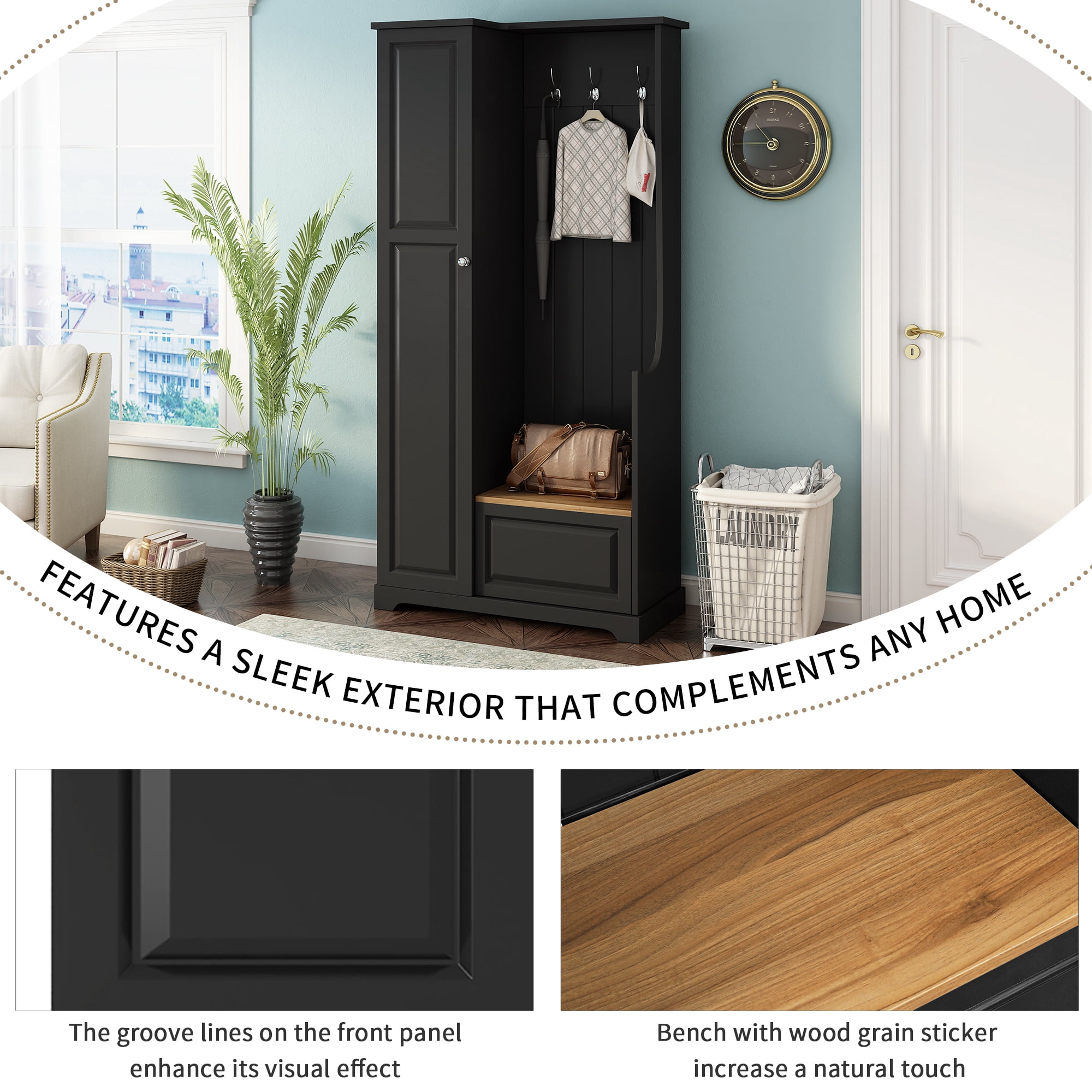 Leumius Hall Tree with Flip-Up Bench, Minimalist Hallway Shoe Cabinet with Adjustable Shelves, Multifunctional Furniture with Hanging Hooks for Entryways, Mudroom, Black