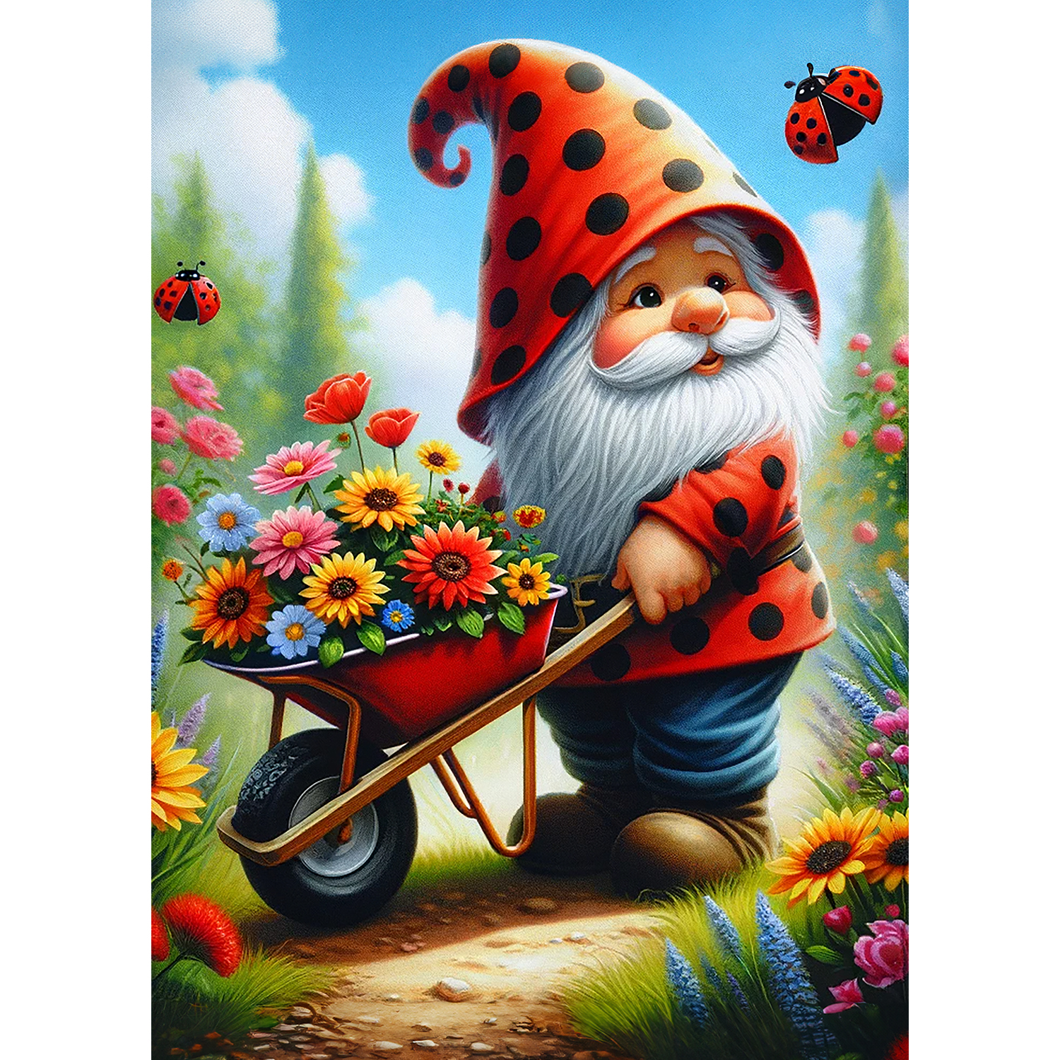America Forever Garden Gnome House Flag 28 x 40 inch Double Sided Gnome Wheelbarrow Flowers Spring Summer Seasonal Outdoor Yard Decorative Flag