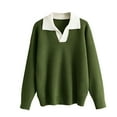 thumbnail image 2 of Qulqfy Women's Sweaters Green Knit Long Sleeve Pullover Lapel Collar Casual Work Shirts Light Sweaters for Women Fall Free, 2 of 5