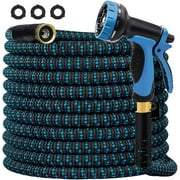 Flexible  Expandable Garden Hose100ft , with 10 Function Spray Nozzle,Hose with 3/4" Solid Brass Connectors & Triple Latex Core,Self- Locking Leakproof Design (Blue)