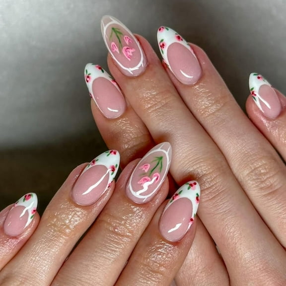 24x Glossy Full Covers False Nails Almond Shape Press On Nails Elegant Flowers on Nails French Tip Acrylic Nails