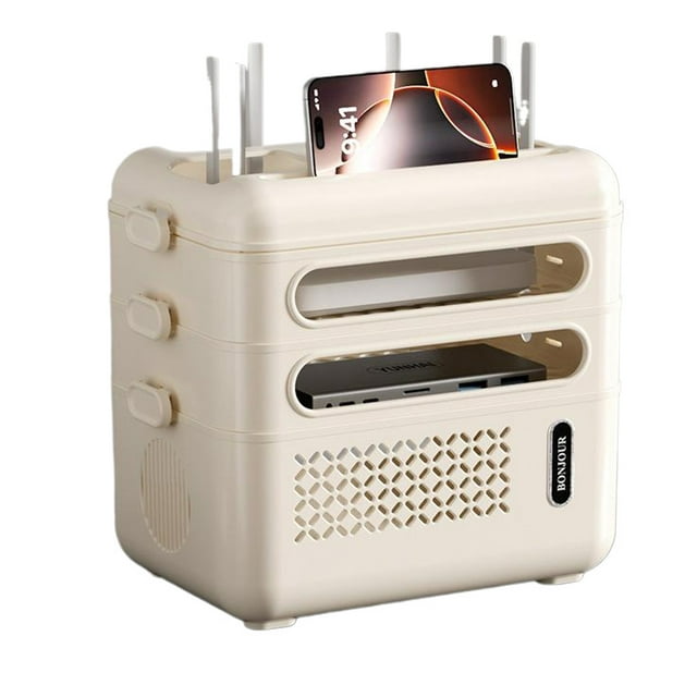 bedienty Stackable Router Storage Box For Unobstructed Signal And Clutter-Free Space Porous ABS Shelf three layers