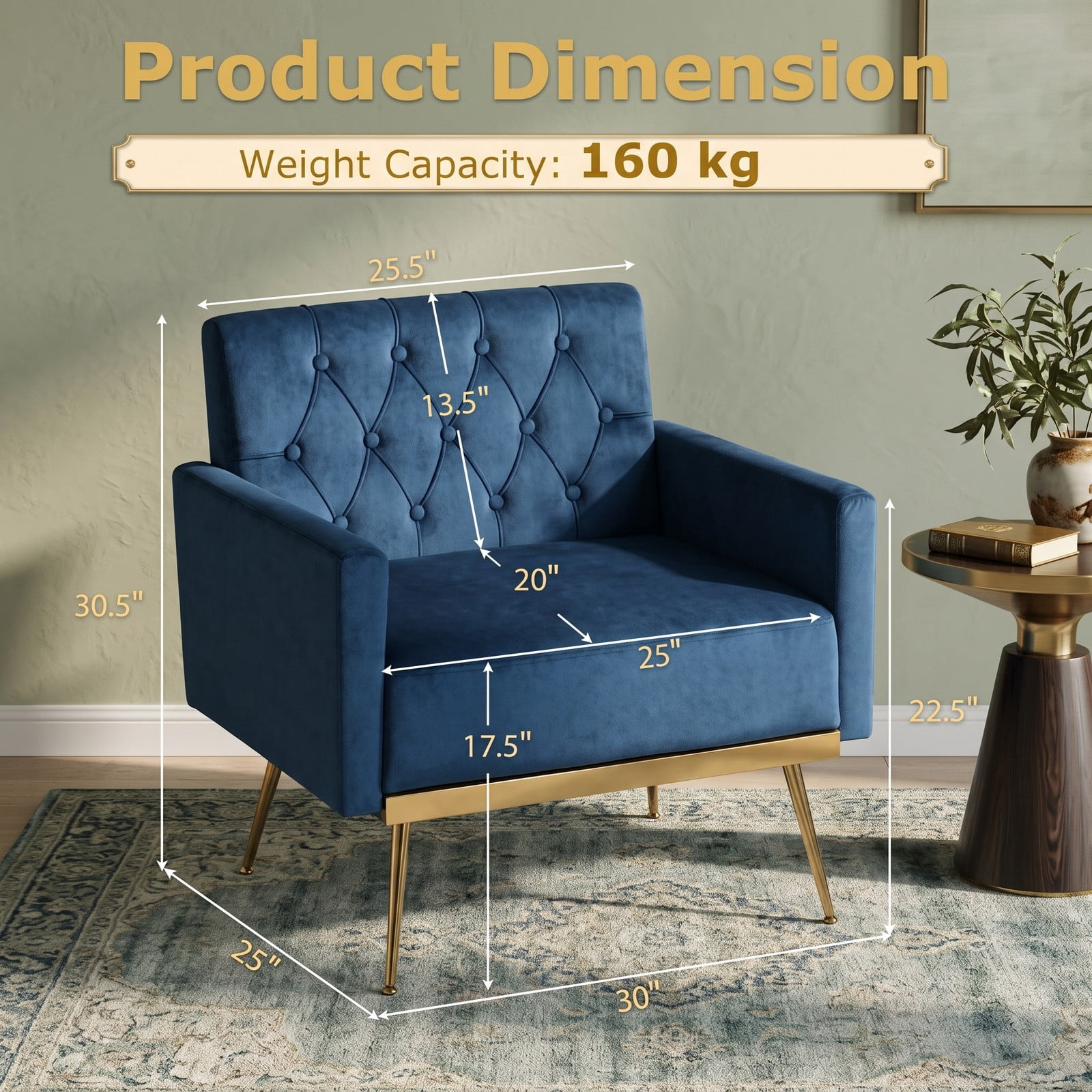 Furnibear Modern Velvet Accent Chair, Button-Tufted Upholstered Single Sofa Armchair with Metal Legs and Adjustable Feet for Living Room Bedroom Study, Holds 350, Blue