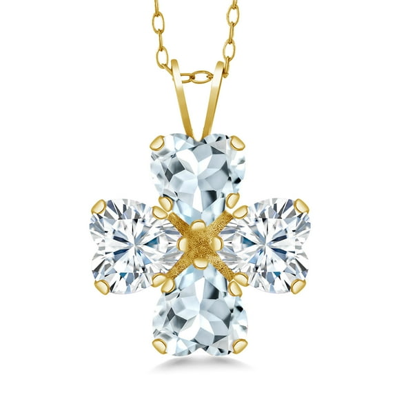 18K Yellow Gold Plated Silver Sky Blue Aquamarine and White Moissanite 4 Heart Shape Gemstone March Birthstone Pendant Necklace for Women (3.06 Cttw, 6MM Heart, with 18 inch Silver Chain)