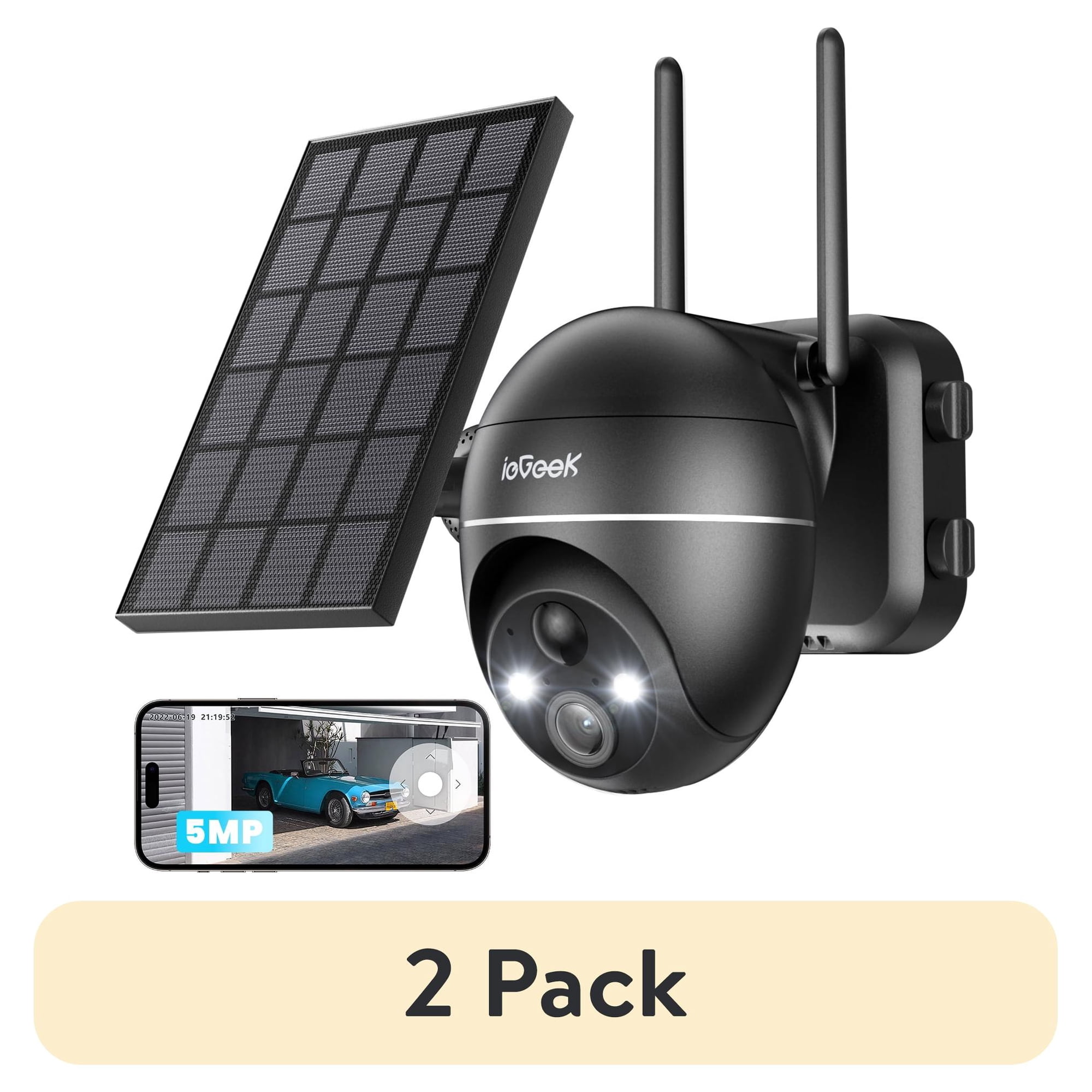 (2 pack) ieGeek 5MP PTZ Solar Security Cameras Outdoor, with Spotlight Siren, 360° View, WiFi Wireless Security Camera, Color Night Vision, Camera for Home Security, Work with Alexa