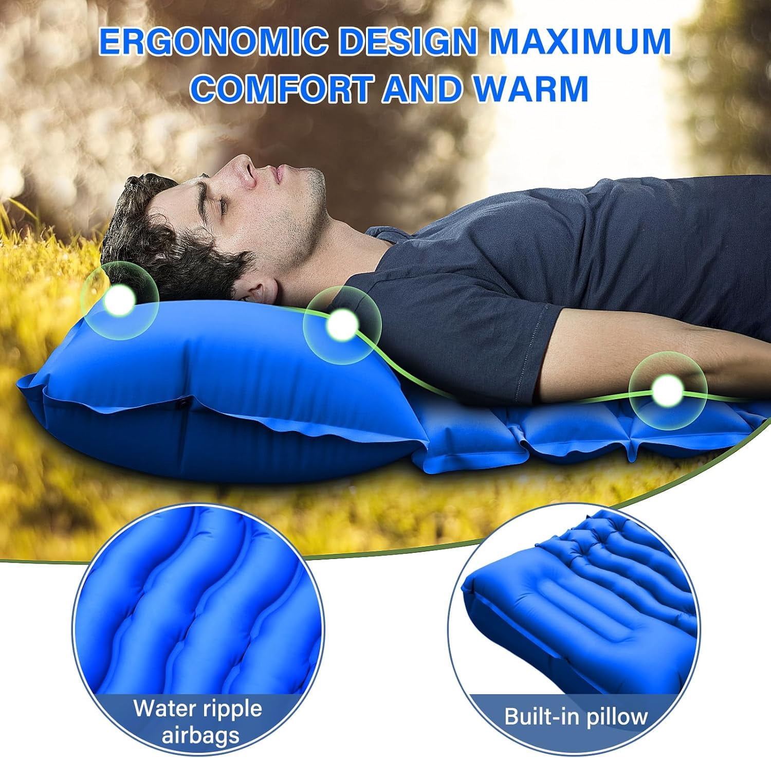 Double Sleeping Pad for Camping- Self Inflating 4" Extra-Thick with Pillow Built-in Foot Pump Inflatable Sleeping Mat for Backpacking, Hiking, Traveling, Tent, Portable Camping Mat