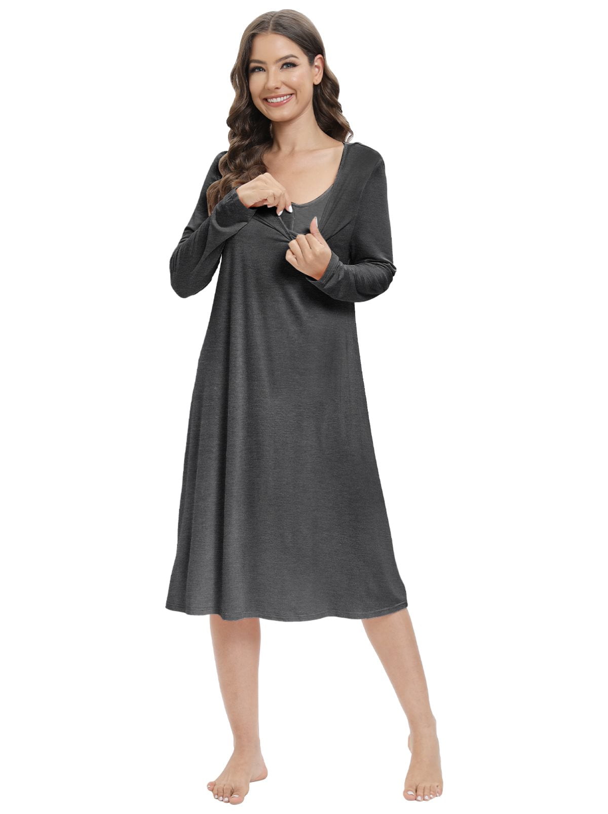 EFINNY Women's Super Soft Modal Nightgown Long Sleeve Sleepwear Comfy  Loungewear Mid-Length Nightshirt with Chest Pads S-XXL (Removable Chest  Pads)