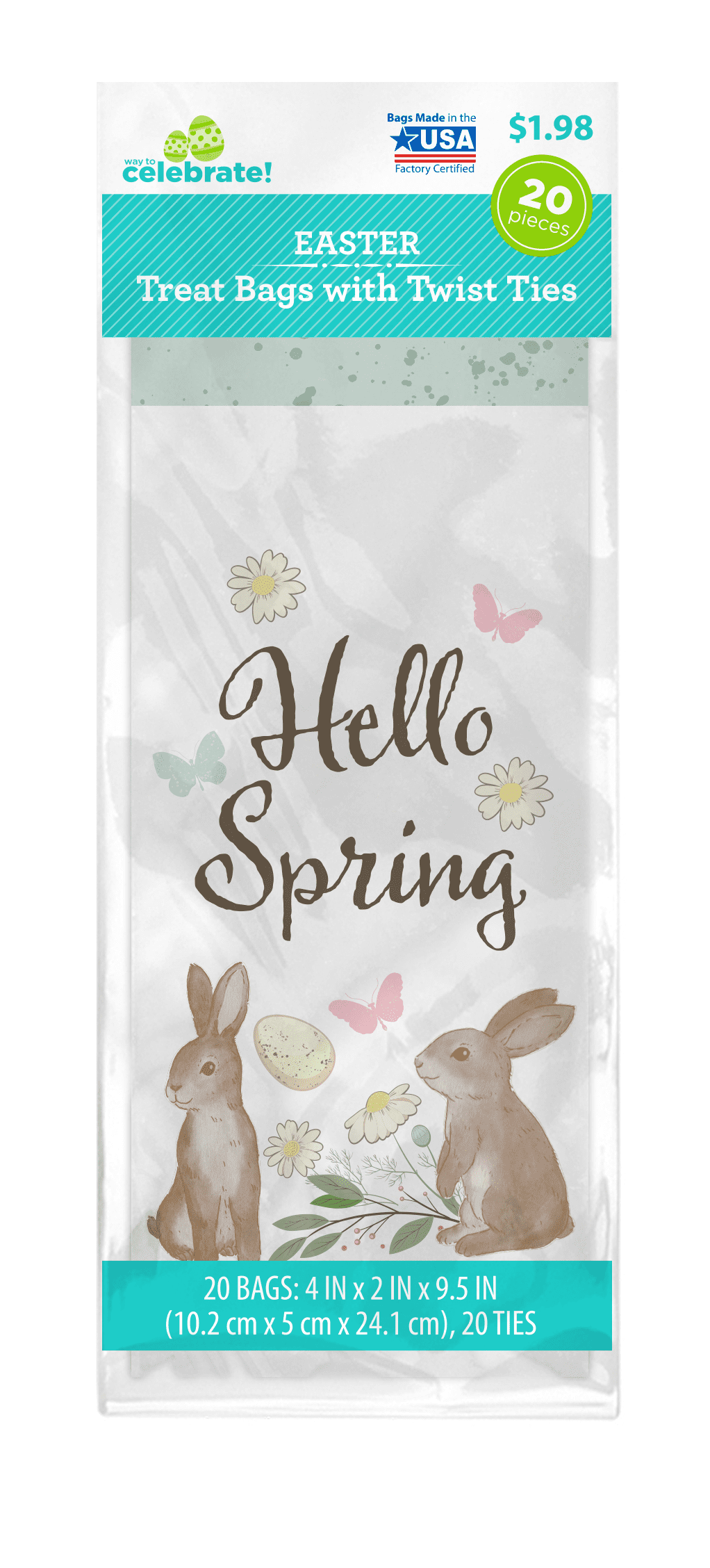 Way to Celebrate 20 count Cello Easter Treat Bags 4"x9.5" with 20 White